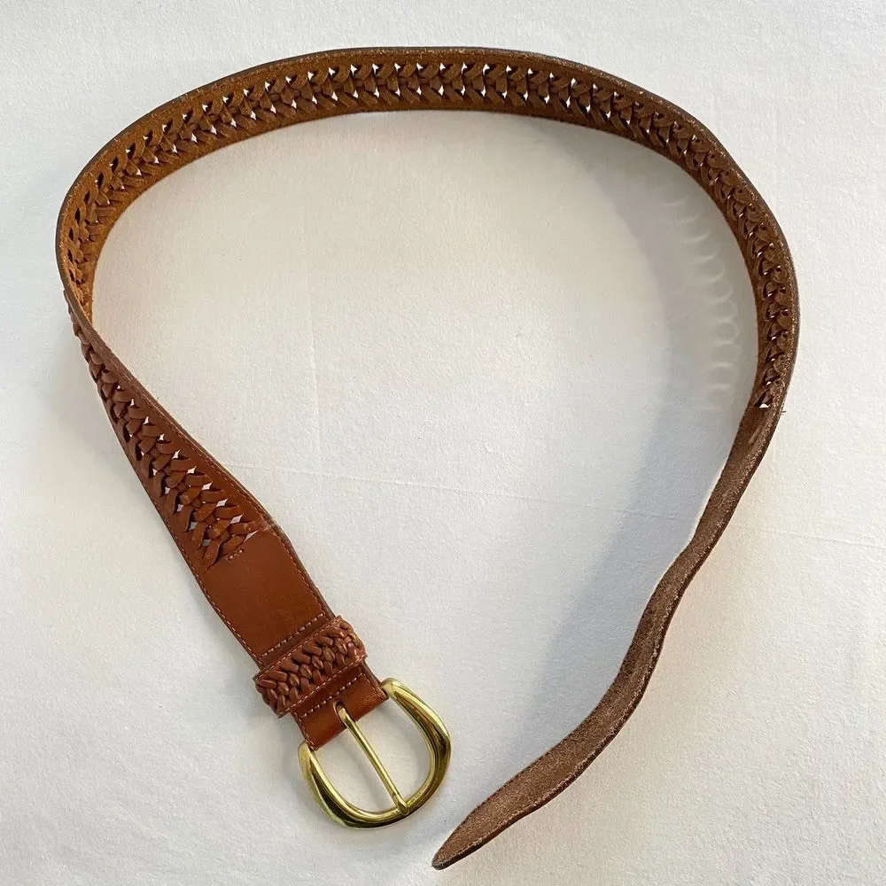 💎Lands End 506 Unisex Belt 32 Waist Woven Center Copper Brown Leather